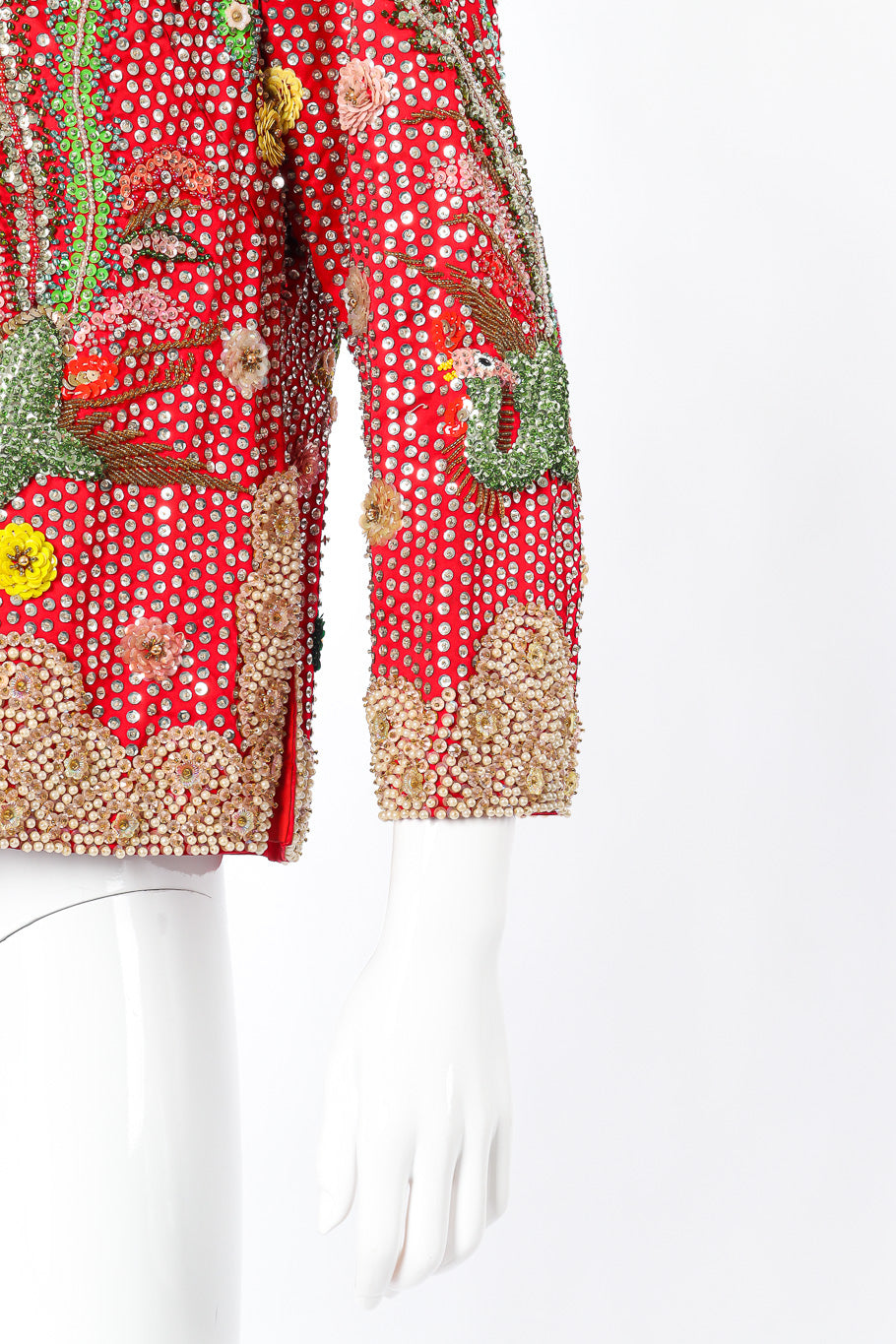 Vintage Dynasty Sequin Dragon Silk Jacket sleeve closeup on mannequin @Recessla