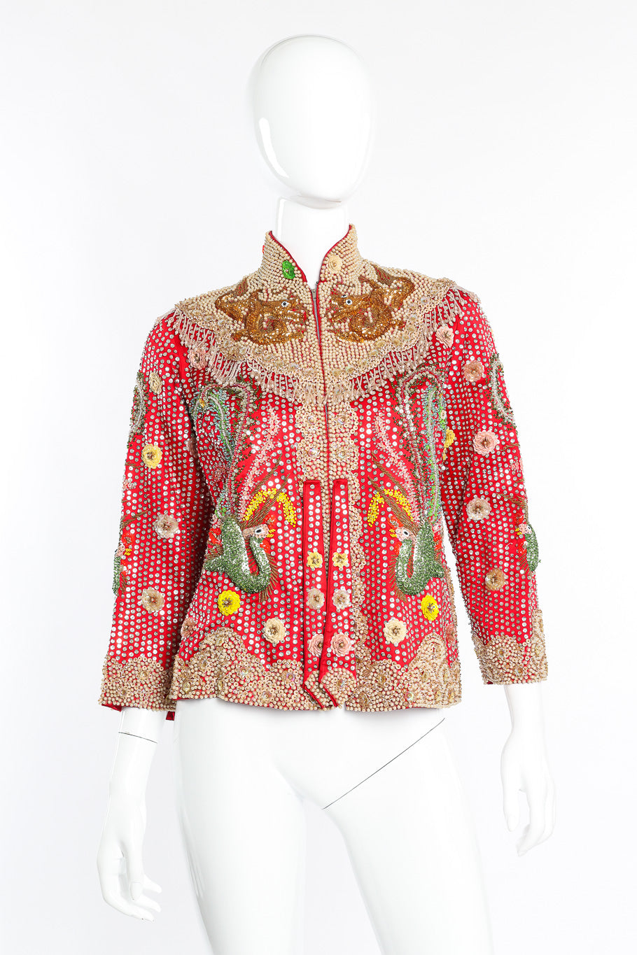 Vintage Dynasty Sequin Dragon Silk Jacket front view on mannequin @Recessla