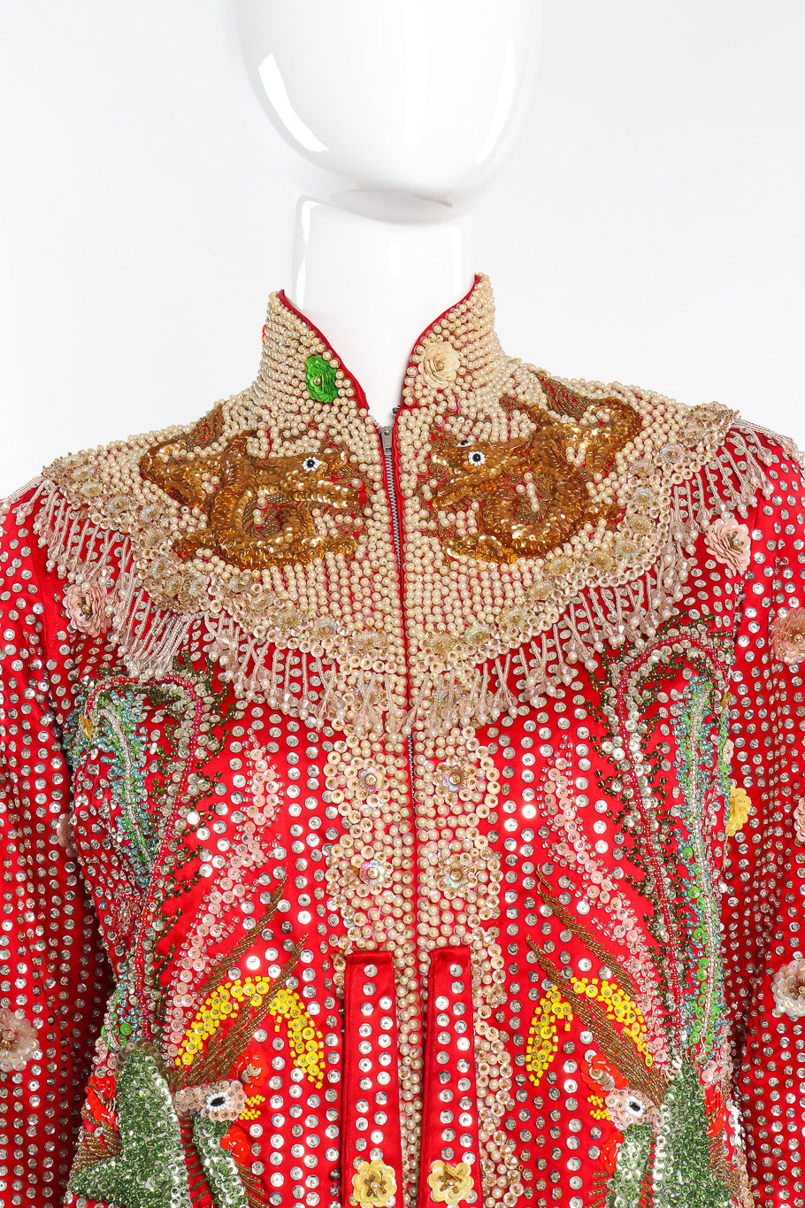 Vintage Dynasty Sequin Dragon Silk Jacket collar closeup on mannequin @Recessla