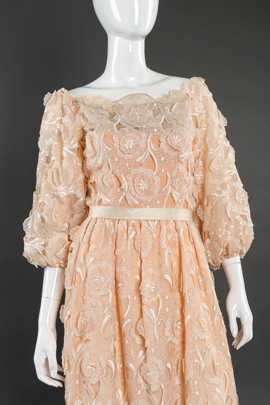 Vintage embroidered lace dress by Richilene on mannequin front close on shoulders @recessla