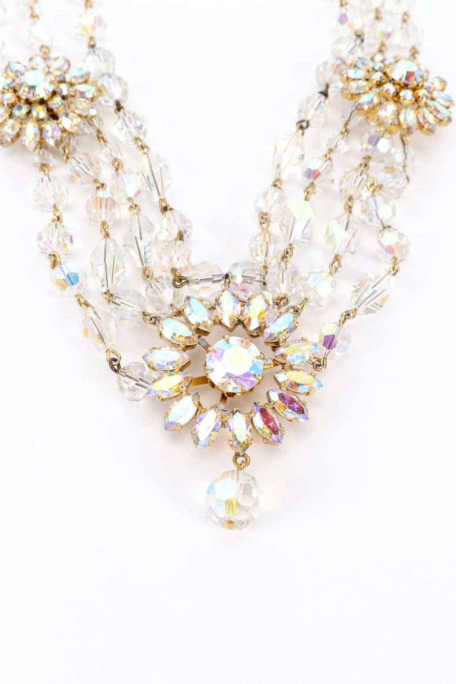 Vintage Aurora Crystal Festoon Necklace crystal flower center closeup @recess la