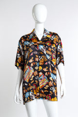 Vintage Nicole Miller Snack Print Silk Button Up front on mannequin @recess la