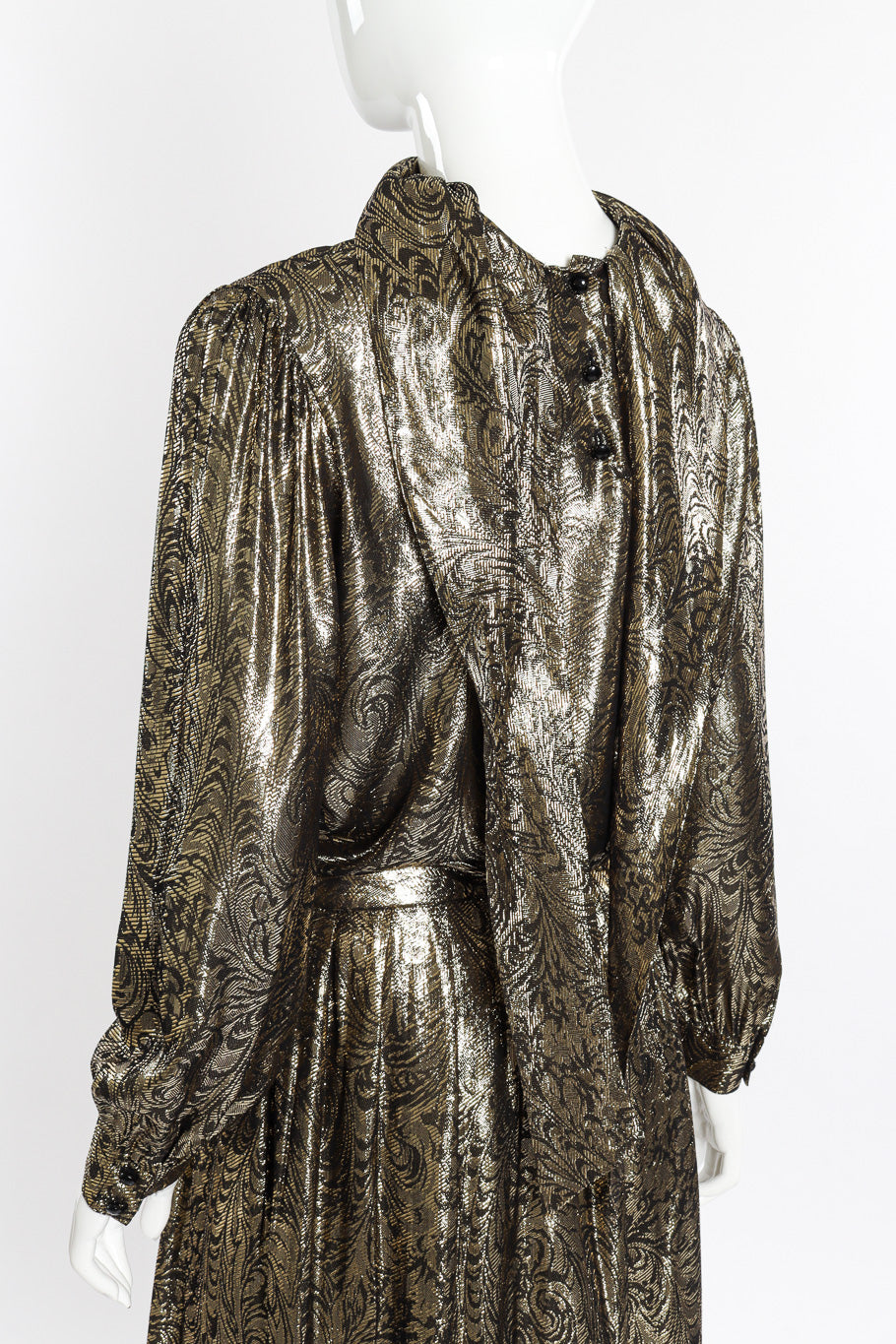 Vintage Nolan Miller Lamé Jacquard Blouse & Skirt Set back on mannequin closeup @recessla