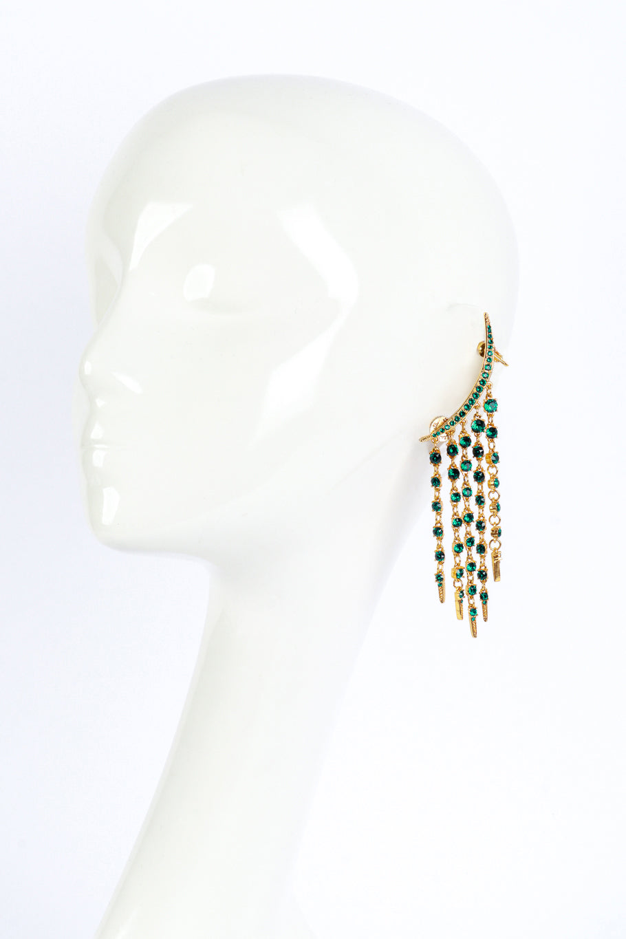 Vintage Oscar de la Renta Emerald Crescent Moon & Falling Stars Crawler Earrings on mannequin @recess la