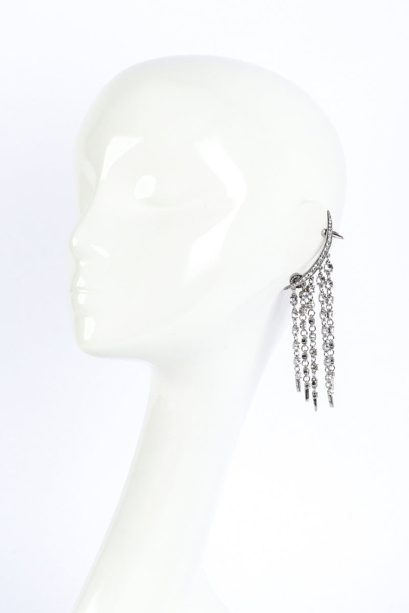 Vintage Oscar de la Renta Silver Crescent Moon & Falling Stars Crawler Earrings on mannequin @recess la