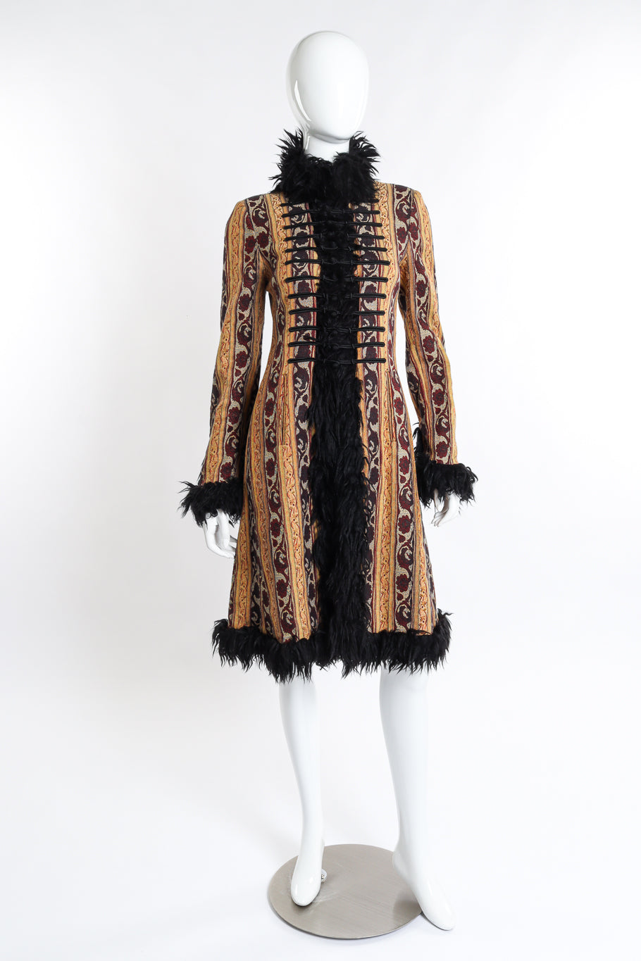 Vintage Ozbek Fur Trim Tapestry Coat front on mannequin @recess la