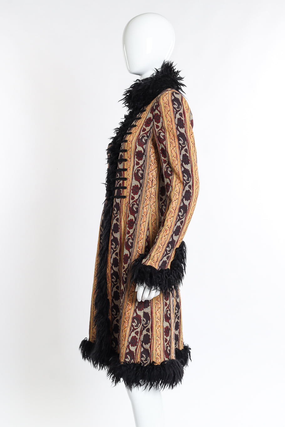 Vintage Ozbek Fur Trim Tapestry Coat side on mannequin @recess la