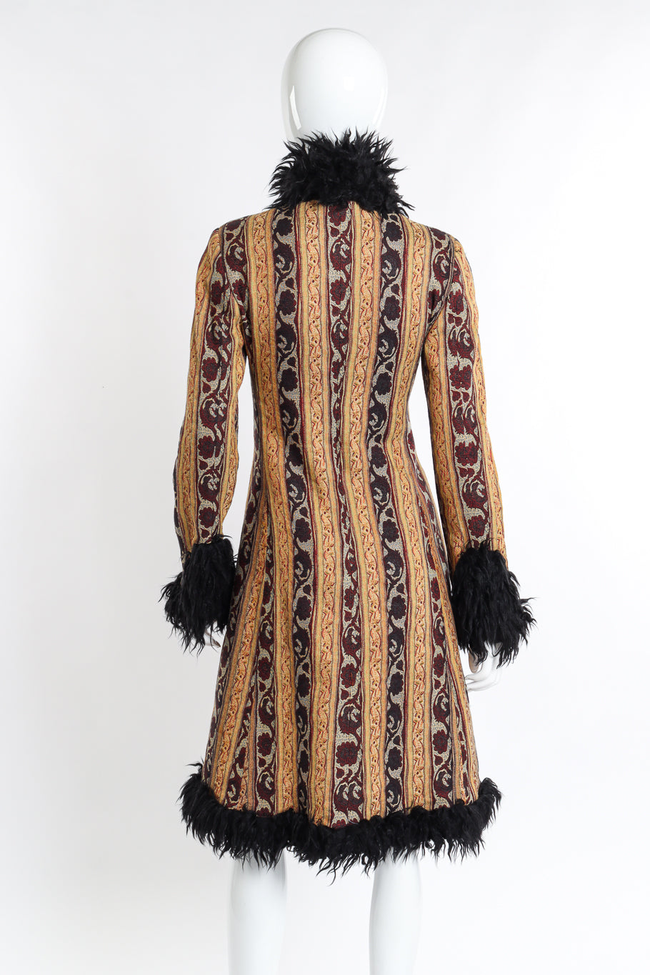 Vintage Ozbek Fur Trim Tapestry Coat back on mannequin @recess la