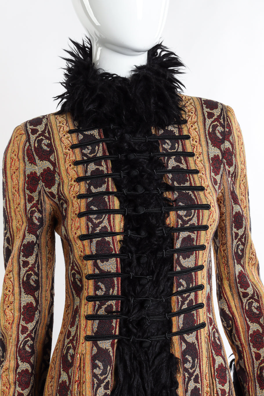 Vintage Ozbek Fur Trim Tapestry Coat front closure closeup on mannequin @recess la