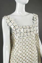 Paco Rabanne Clear Vinyl Disc Dress front view on mannequin closeup on back backdrop @Recessla