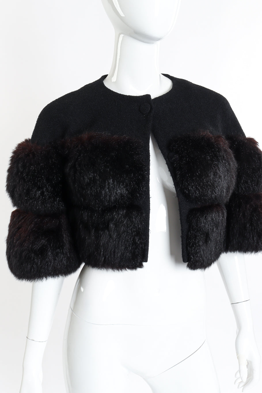 Vintage Pauline Trigere Cropped Fur Jacket front on mannequin closeup @recessla