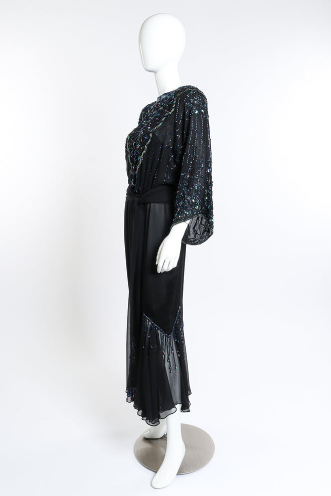 Vintage Pave Beaded Fringe Silk Dress side on mannequin @recess la