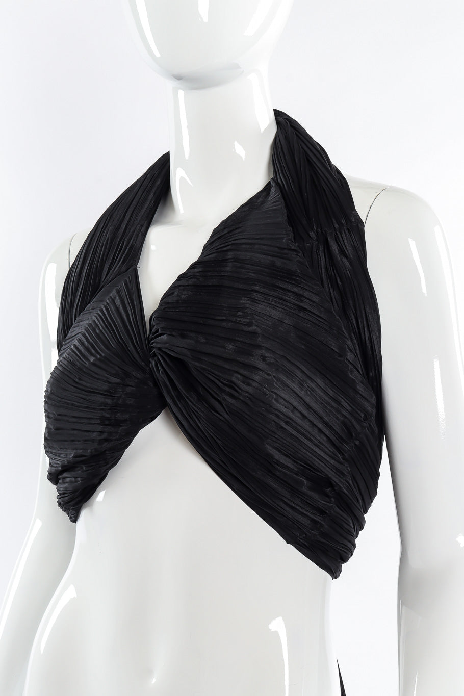 Pleats Please Issey Miyake Pleated Multi-Wrap Poncho II wrapped as a halter top on mannequin closeup @Recessla