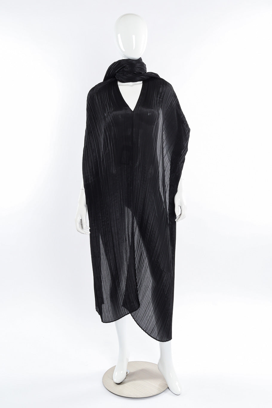 Pleats Please Issey Miyake Pleated Multi-Wrap Poncho II worn as a poncho and shawl on mannequin @Recessla