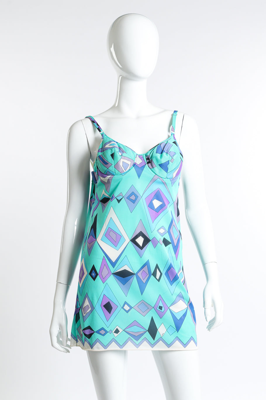 Vintage Emilio Pucci for Formfit Rogers teal purple and white geo chemise slip dress front view as worn on mannequin @Recess LA