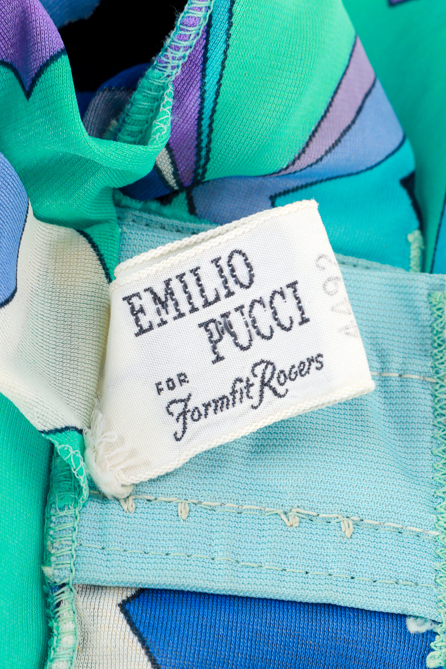 Vintage Emilio Pucci for Formfit Rogers teal purple and white geo chemise slip dress close up detail of the Pucci label flat lay @Recess LA