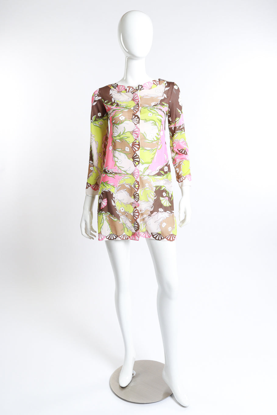 Vintage Emilio Pucci for Formfit Rogers floral fan lime and pink mesh jacket mini dress front view as worn on the mannequin @ Recess LA