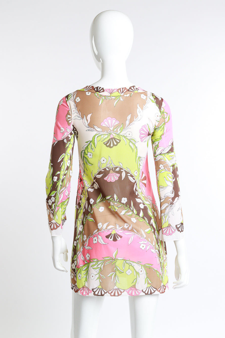 Vintage Emilio Pucci for Formfit Rogers floral fan lime and pink mesh jacket mini dress back view as worn on the mannequin @ Recess LA