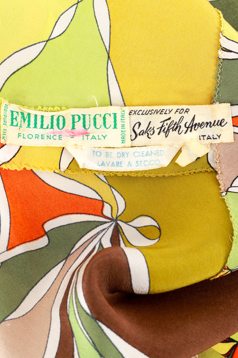 Vintage Emilio Pucci ruffle tunic high waisted trouser set flat lay detail of the makers label reading 'Emilio Pucci" and garment care label @RECESS LA