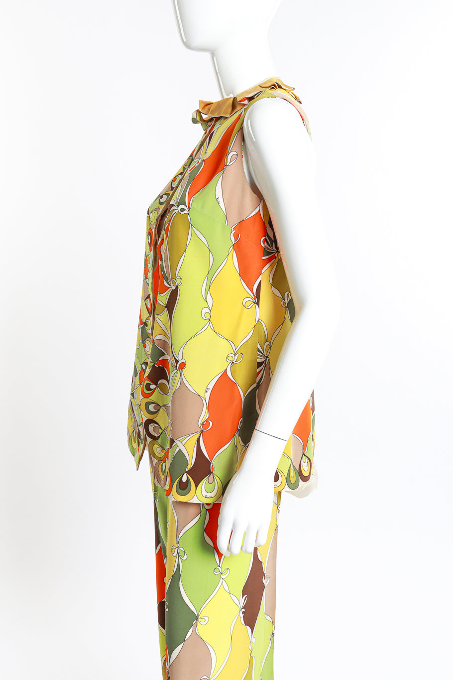 Vintage Emilio Pucci ruffle tunic high waisted trouser set left side view as seen on mannequin @RECESS LA