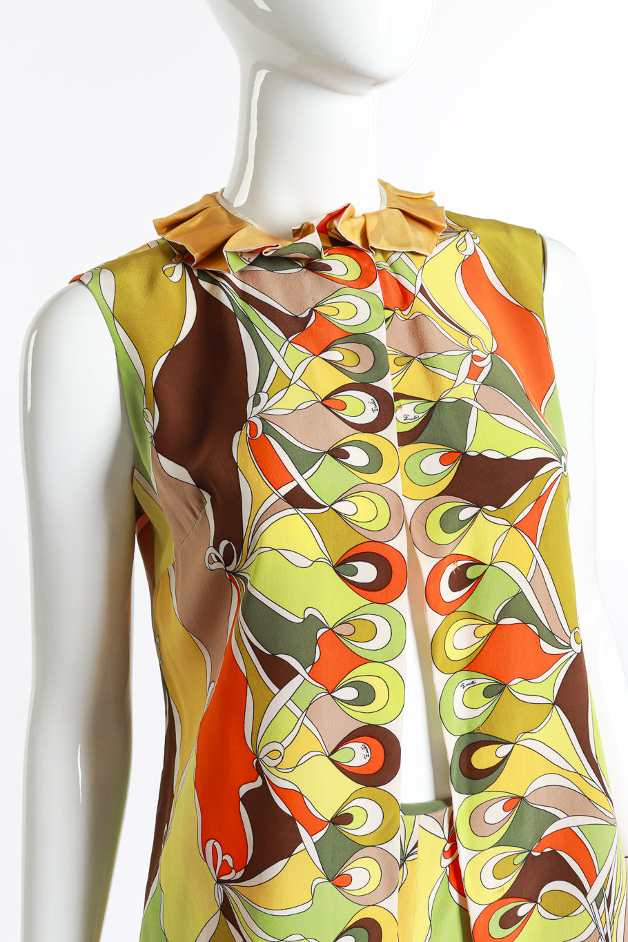 Vintage Emilio Pucci ruffle tunic high waisted trouser set close up detailed front view as seen on mannequin @RECESS LA