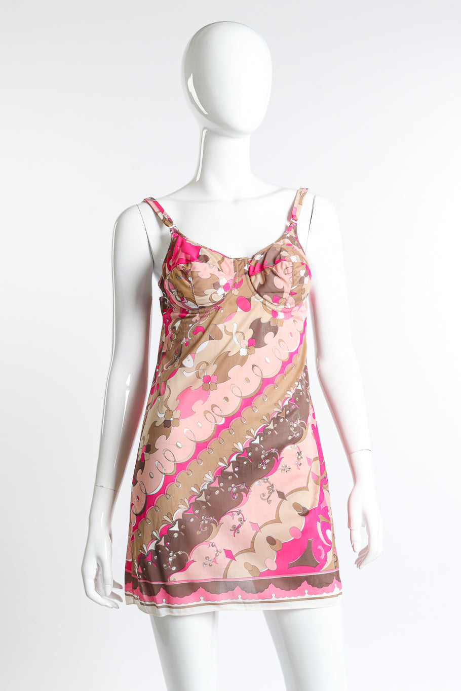 Vintage Emilio Pucci for Formfit Rogers taupe tan and pink mesh chemise front view as worn on mannequin @Recess LA