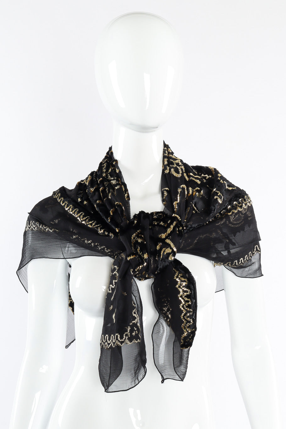 Chiffon velvet lamé scarf by Paco Rabanne tied on mannequin shoulders @recessla