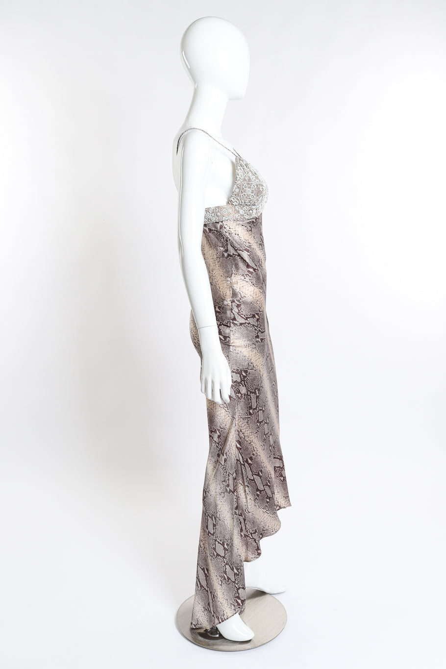 Vintage Pamela Dennis Beaded Bias Snake Print Dress side on mannequin @recess la