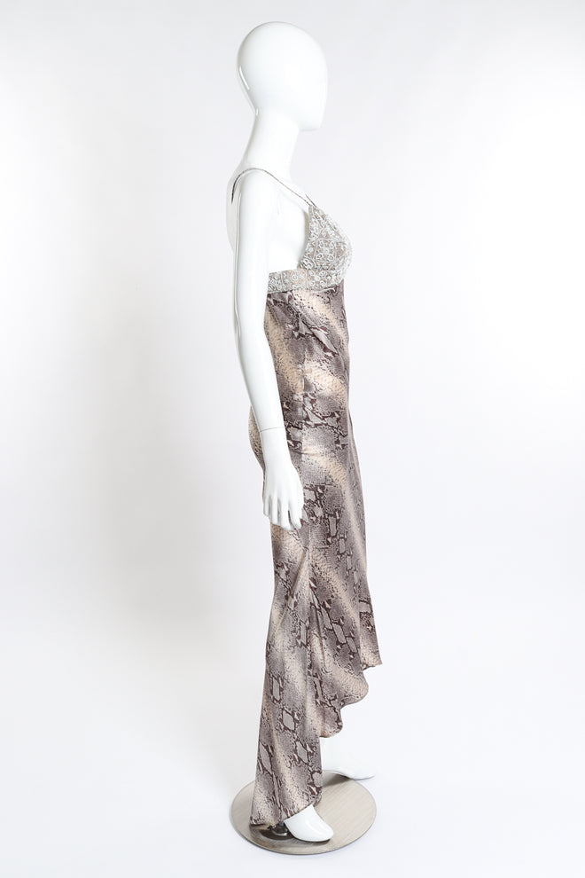 Vintage Pamela Dennis Beaded Bias Snake Print Dress side on mannequin @recess la