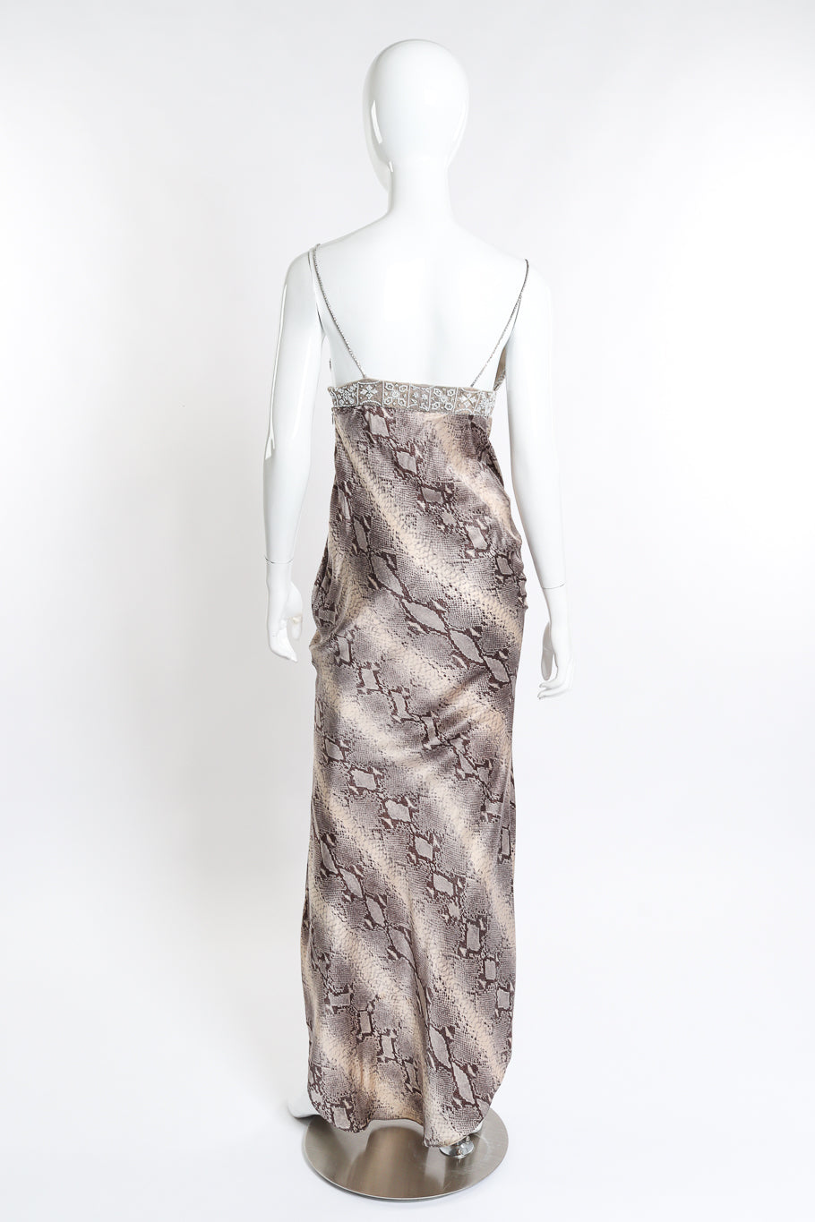 Vintage Pamela Dennis Beaded Bias Snake Print Dress back on mannequin @recess la