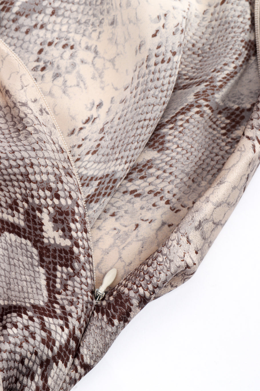 Vintage Pamela Dennis Beaded Bias Snake Print Dress side zipper closeup @recess la