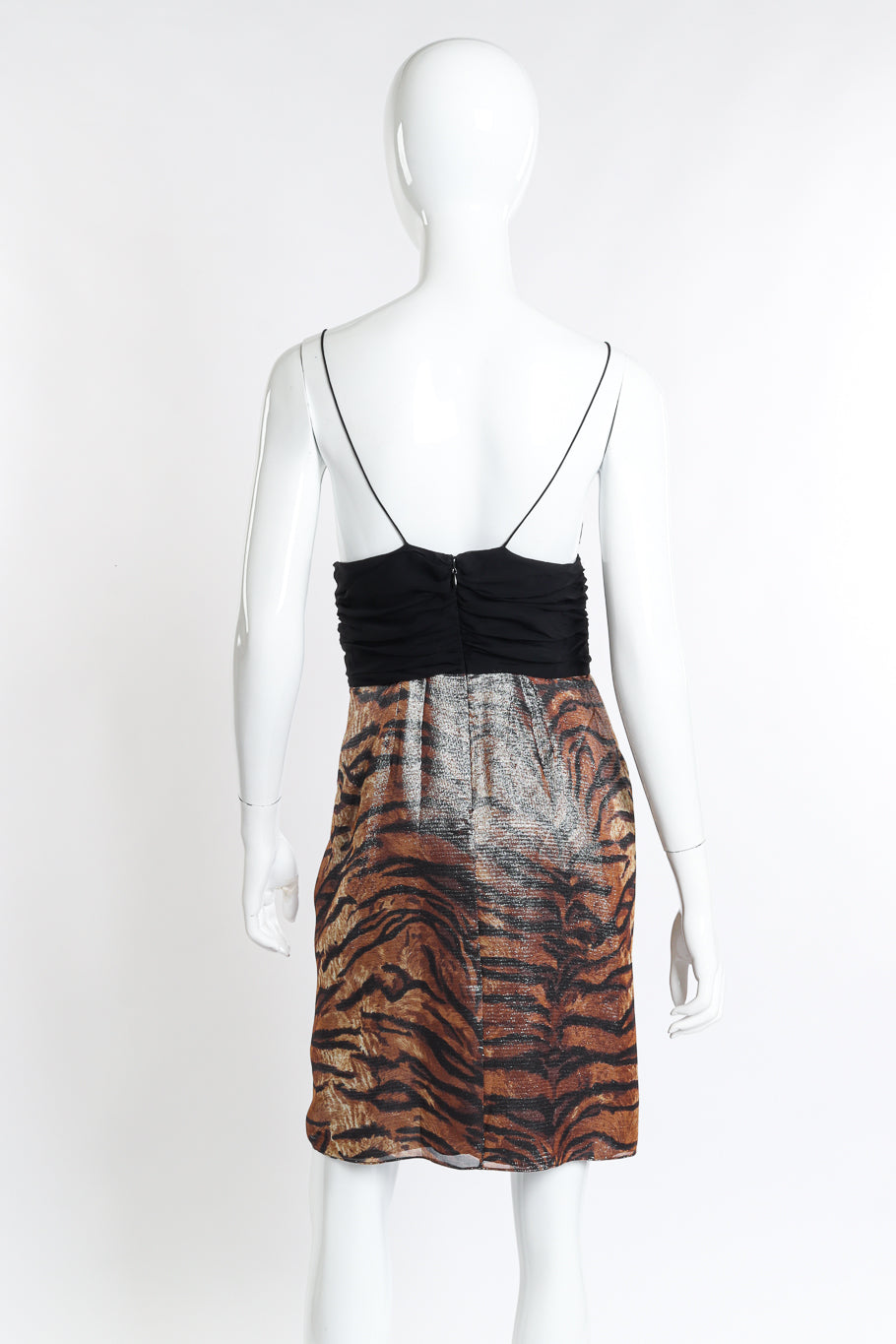 Vintage Pamela Dennis Strappy Metallic Animal Print Dress back on mannequin @recess la