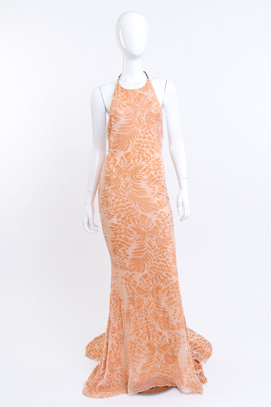 Pamela Dennis Botanical Burnout Chain Halter Gown on mannequin @RECESS LA