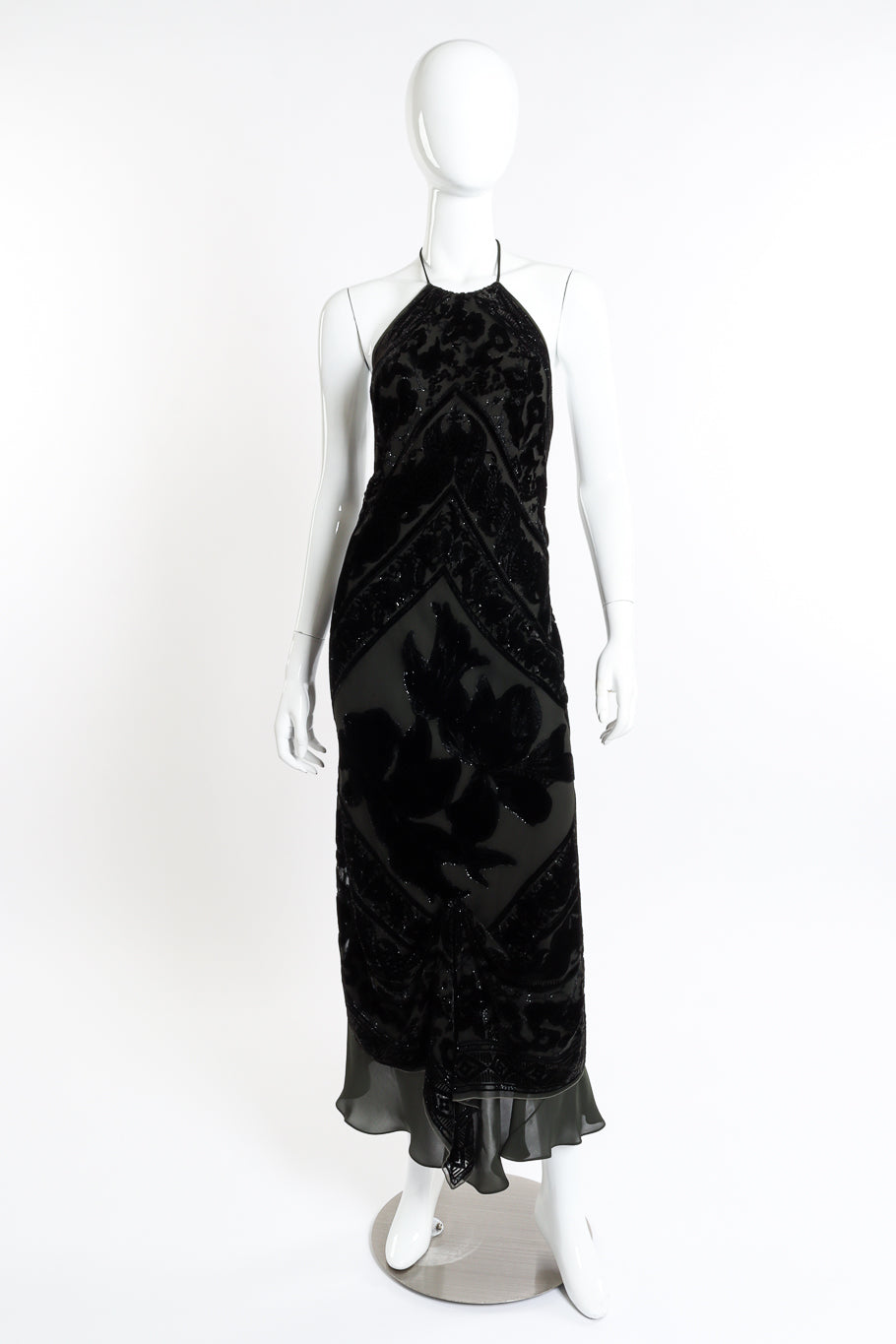 Vintage Pamela Dennis Floral Burnout Bias Halter Dress front on mannequin @recessla