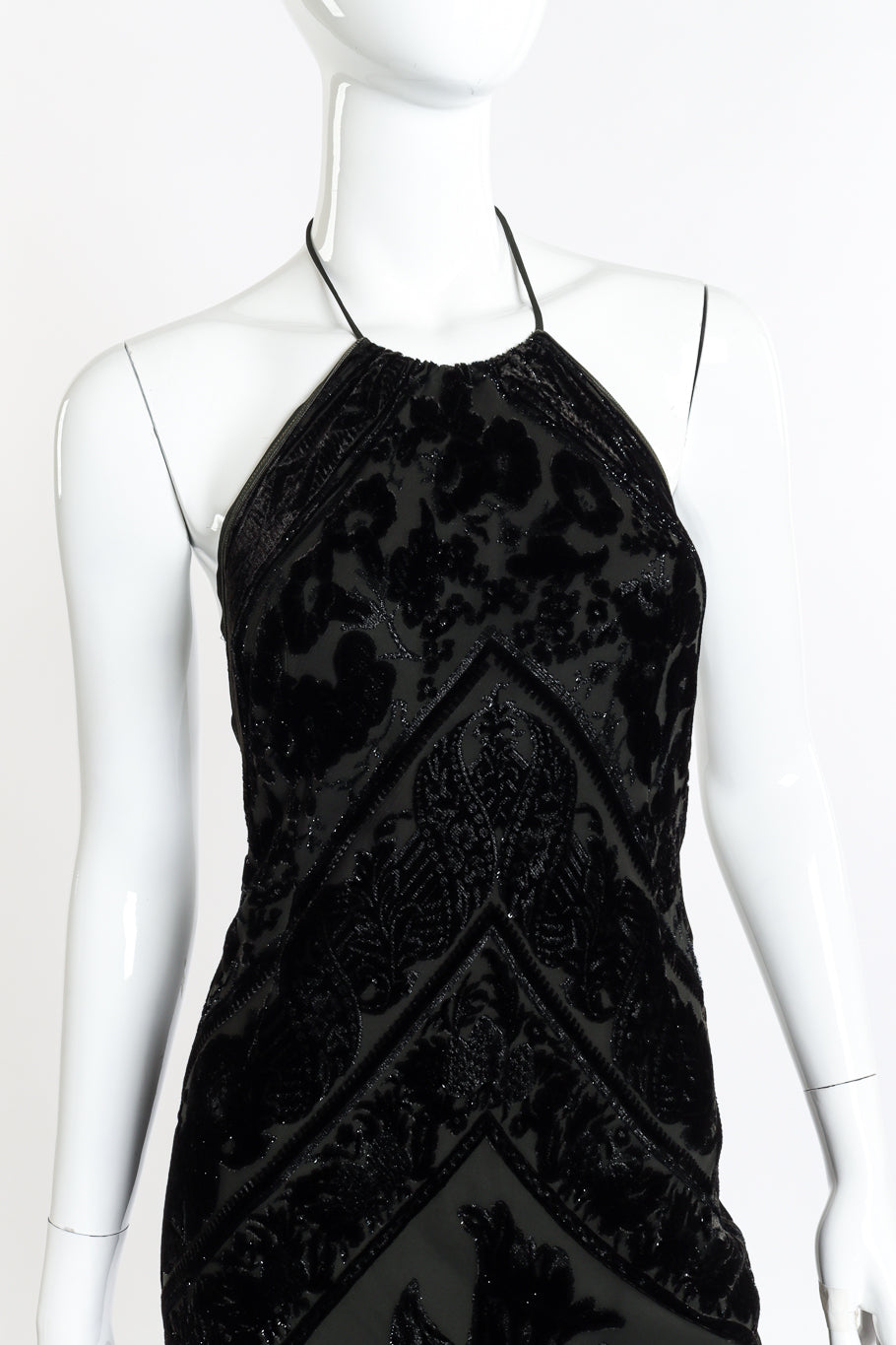 Vintage Pamela Dennis Floral Burnout Bias Halter Dress front on mannequin closeup @recessla