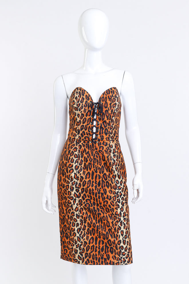 Vintage Patrick Kelly Strapless Leopard Bustier Dress front on mannequin @recess la