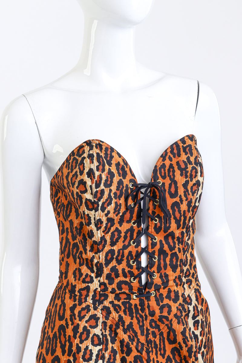 Vintage Patrick Kelly Strapless Leopard Bustier Dress front on mannequin closeup @recess la