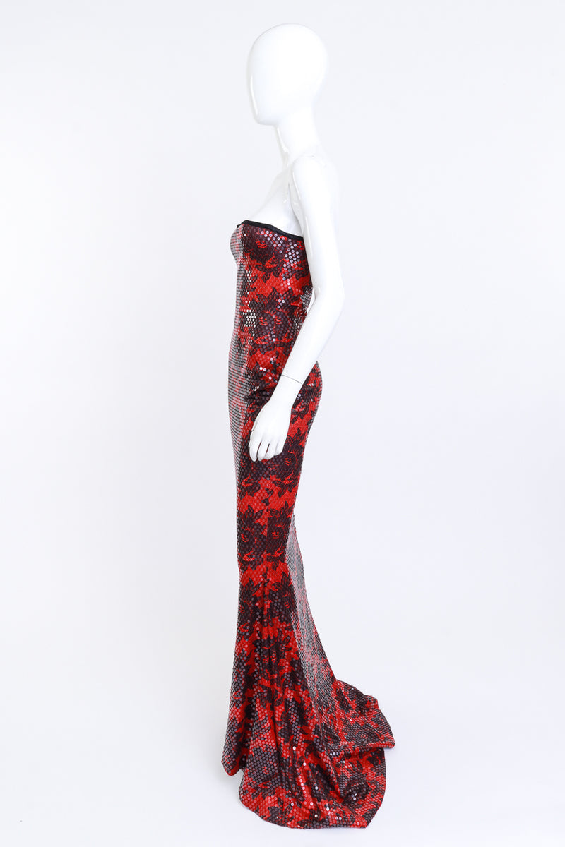 Vintage Patrick Kelly Strapless Floral Sequin Gown & Feather Jacket Set dress only side on mannequin @recess la