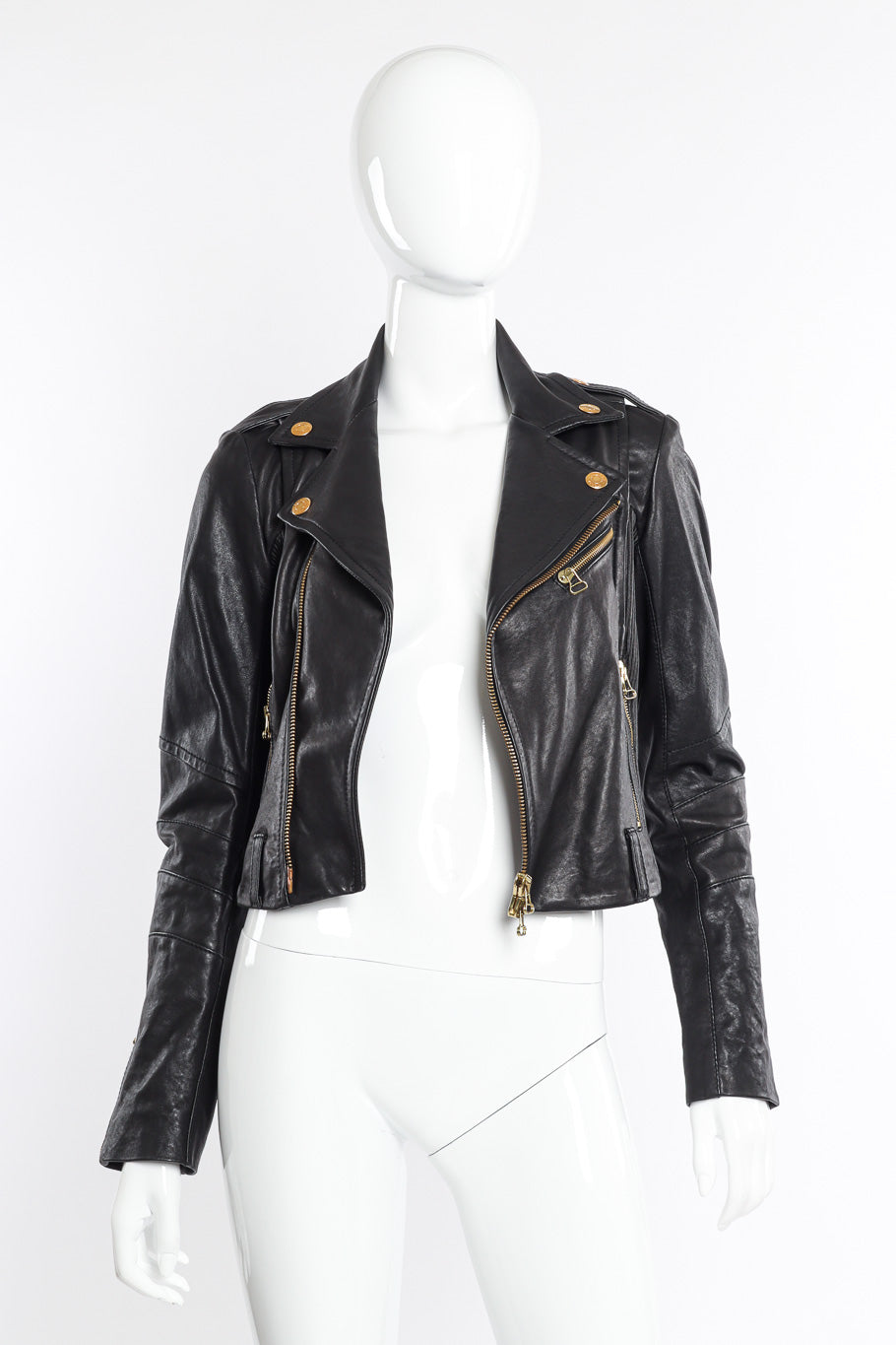 Pierre Balmain Ribbed Leather Moto Jacket open front view on mannequin @Recessla
