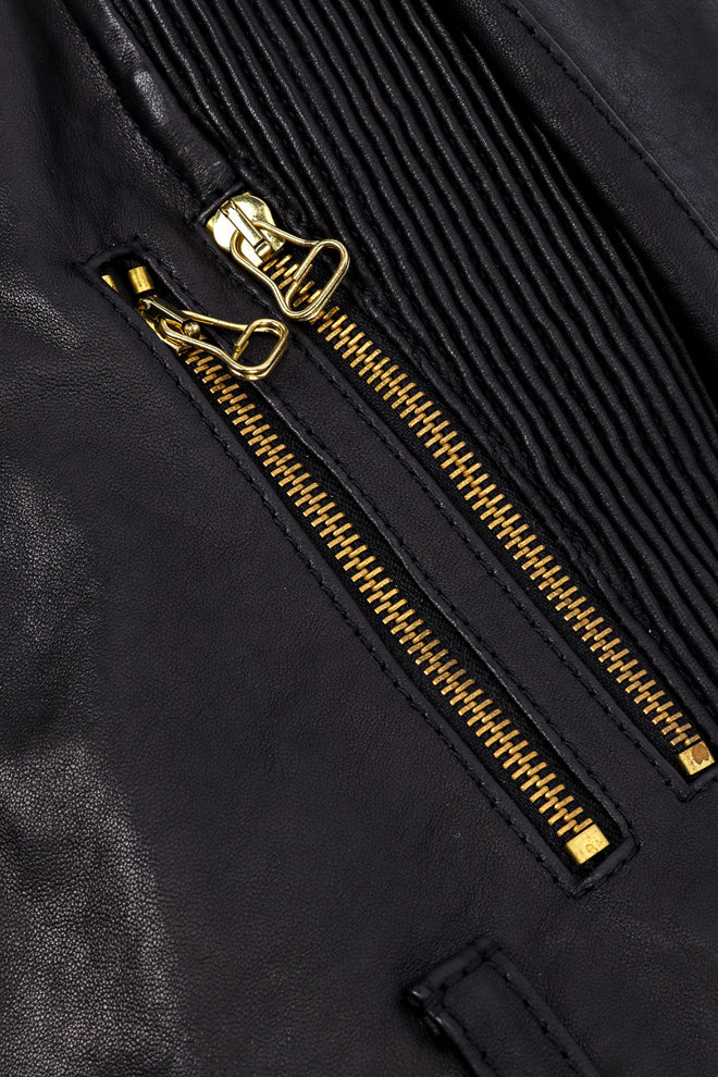 Pierre Balmain Ribbed Leather Moto Jacket front pocket closeup @Recessla