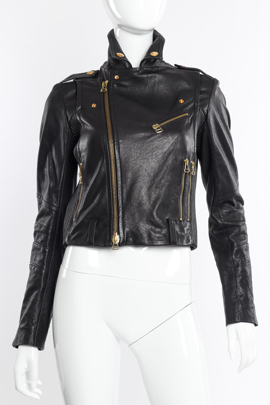 Pierre Balmain Ribbed Leather Moto Jacket front view fully zipped on mannequin @Recessla