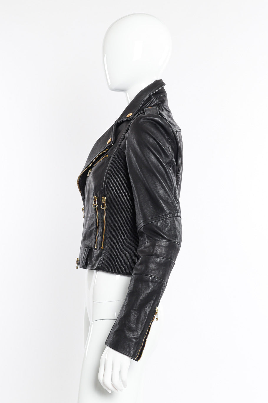 Pierre Balmain Ribbed Leather Moto Jacket side view on mannequin @Recessla