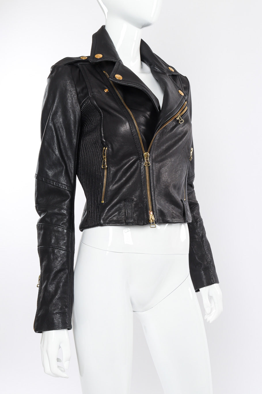 Pierre Balmain Ribbed Leather Moto Jacket 3/4 view on mannequin @Recessla