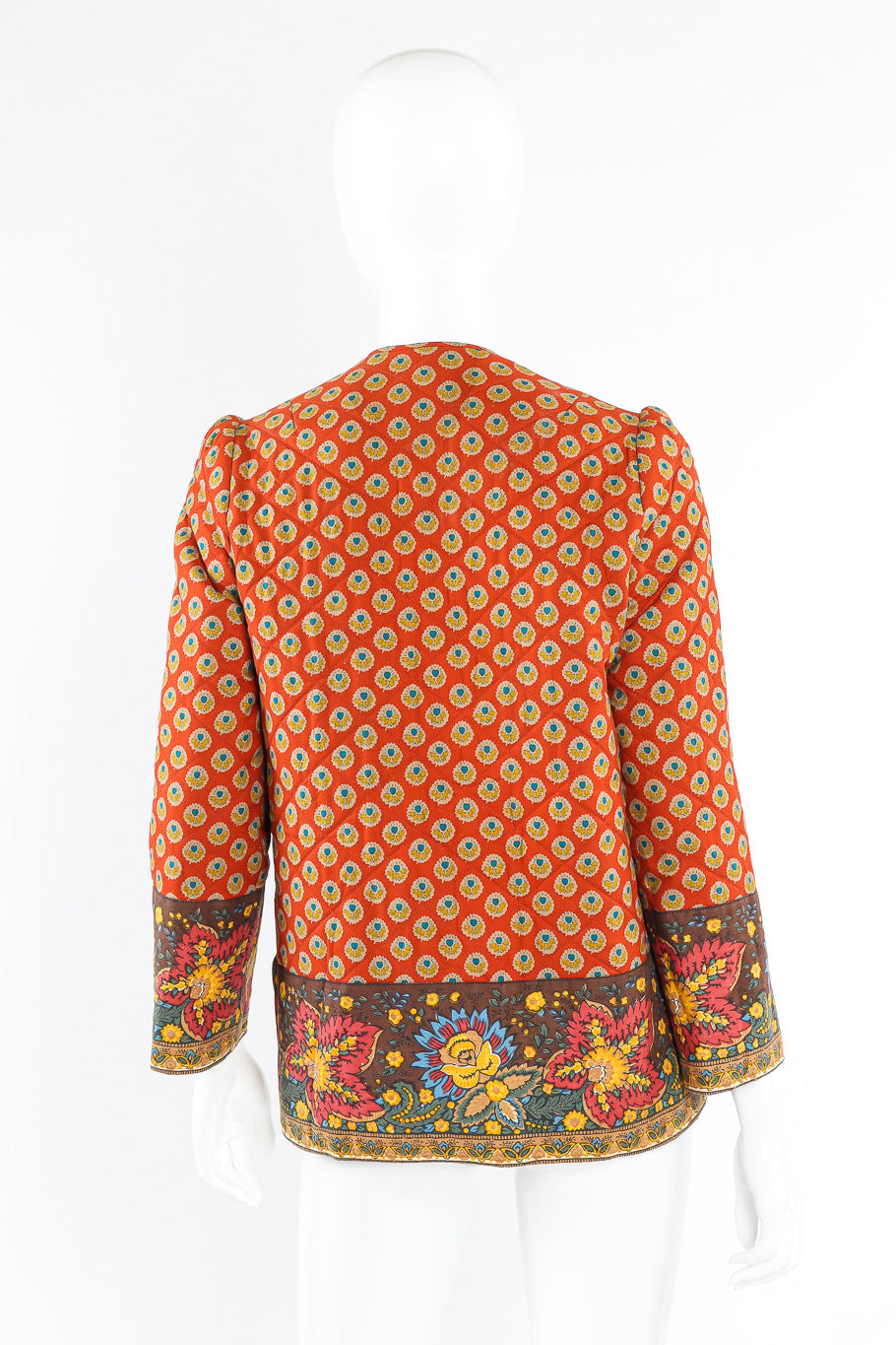 Batik print quilted jacket by La Provence on mannequin back @recessla