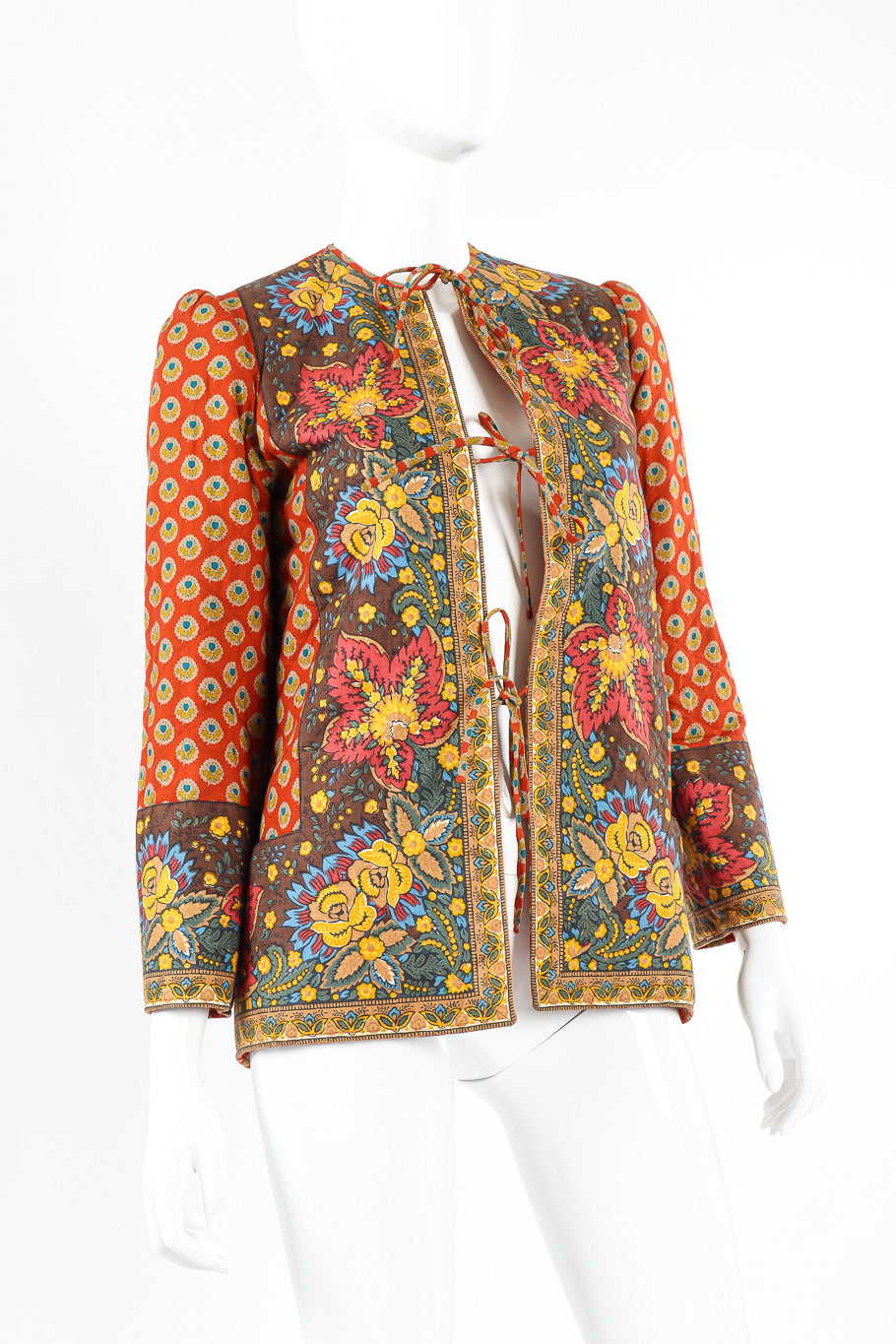 Batik print quilted jacket by La Provence on mannequin front close @recessla