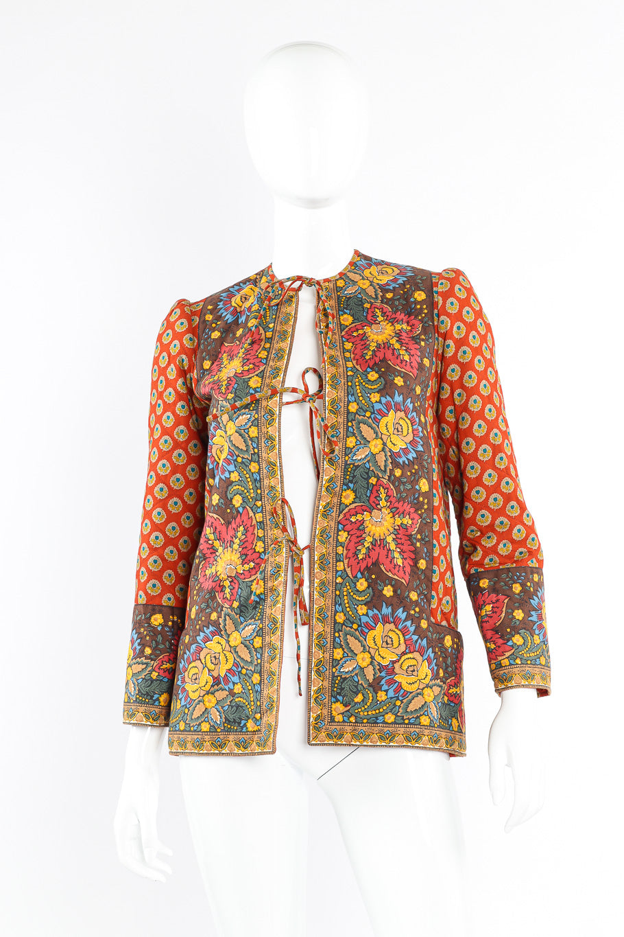 Batik print quilted jacket by La Provence on mannequin front @recessla