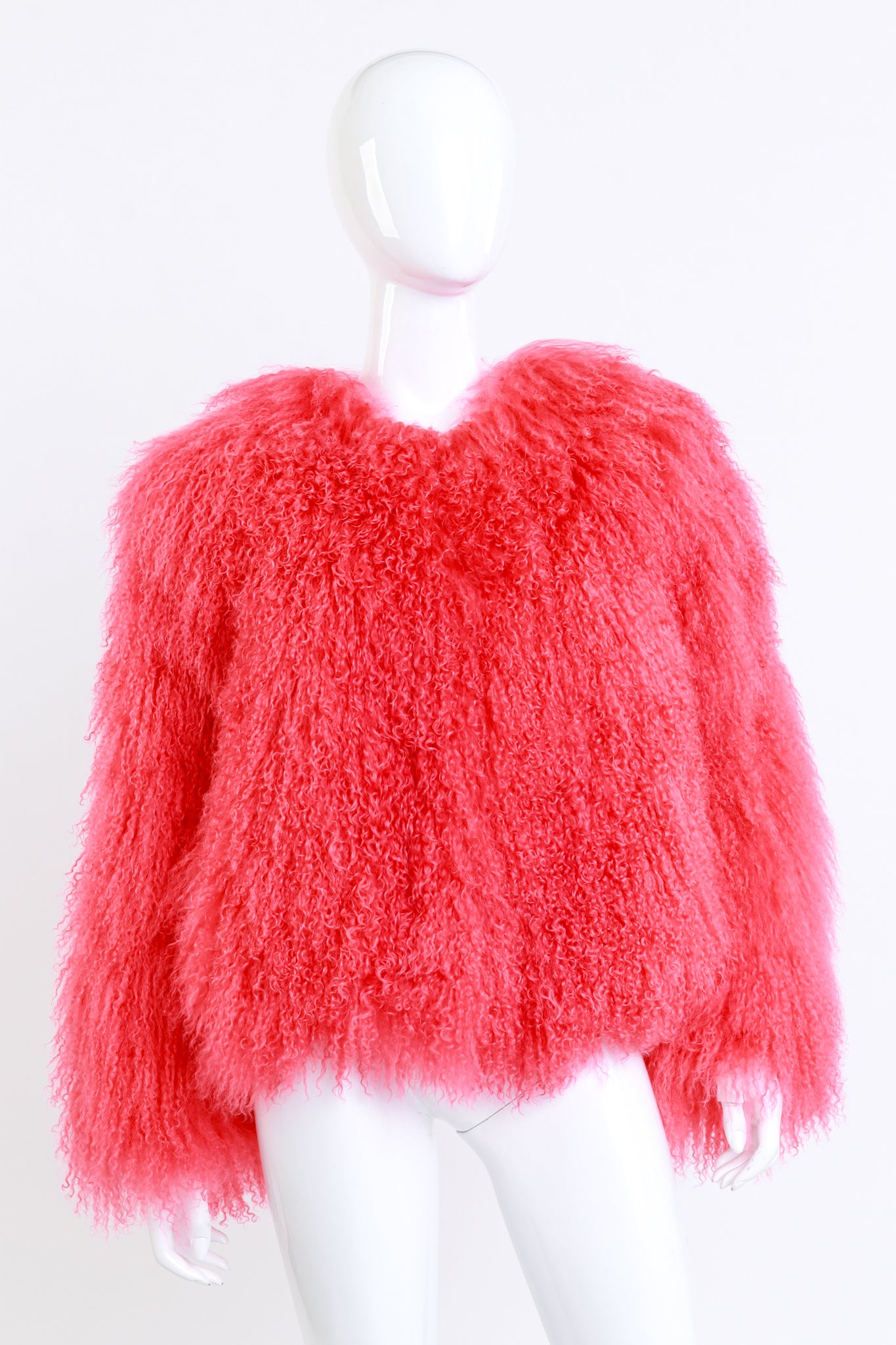 Coral Mongolian Fur Jacket front on mannequin @recess la