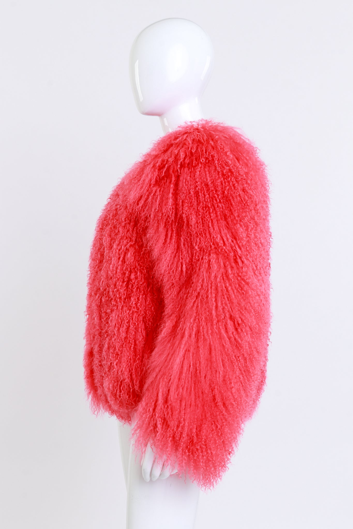 Coral Mongolian Fur Jacket side on mannequin @recess la