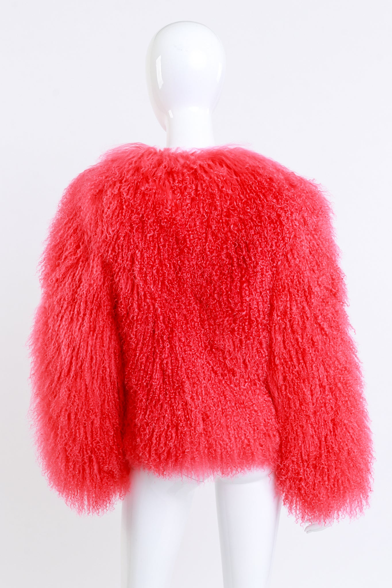 Coral Mongolian Fur Jacket back on mannequin @recess la