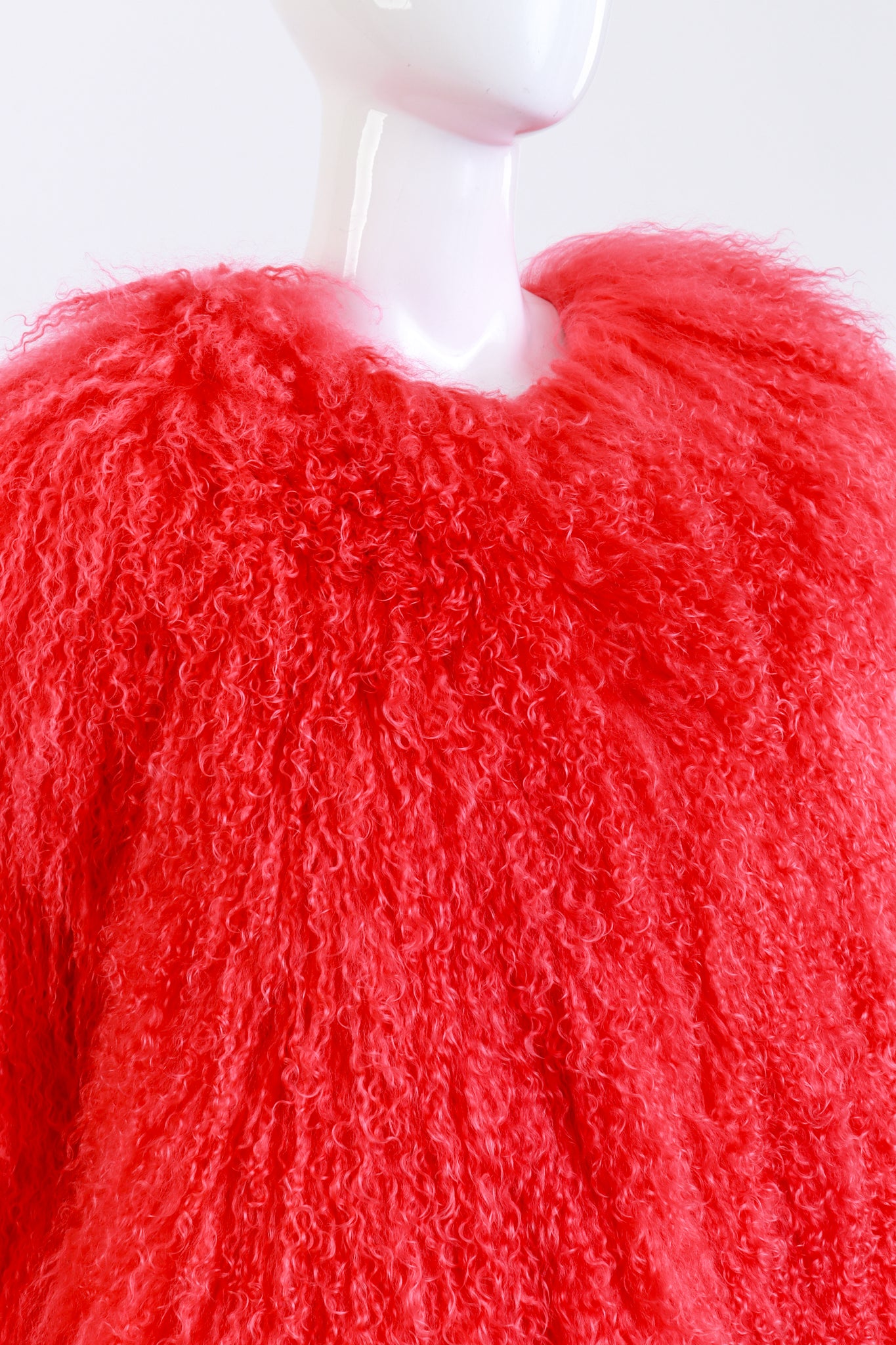 Coral Mongolian Fur Jacket front on mannequin closeup @recess la